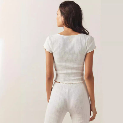 Pointelle Knit Cropped Tee with V-Neck and Rose Detail