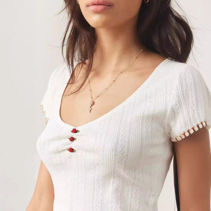 Pointelle Knit Cropped Tee with V-Neck and Rose Detail