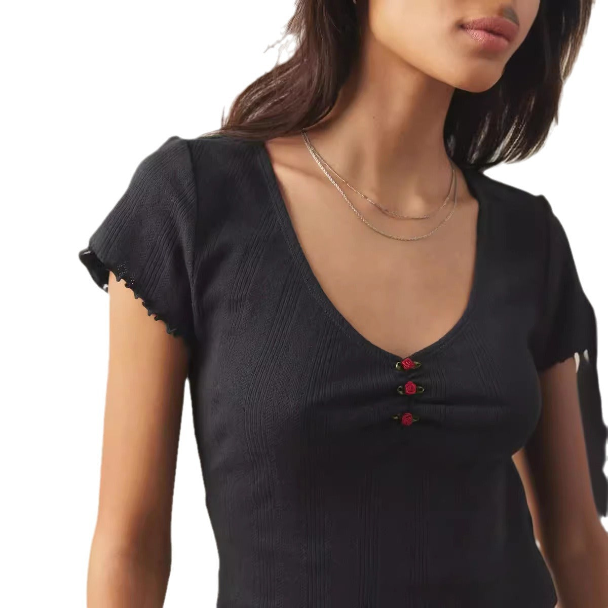 Pointelle Knit Cropped Tee with V-Neck and Rose Detail