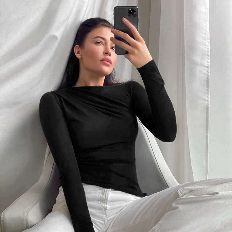Slim Fit Long Sleeve Top with Asymmetric Ruched Neckline