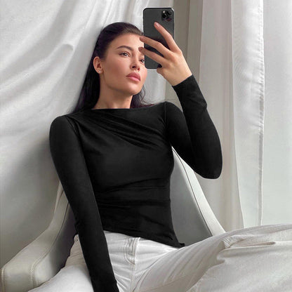 Slim Fit Long Sleeve Top with Asymmetric Ruched Neckline