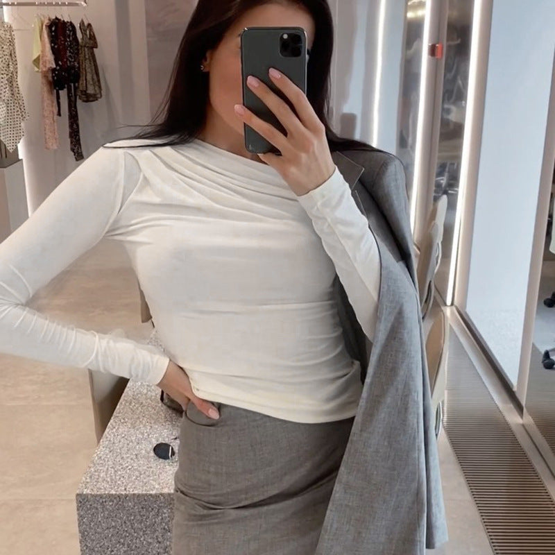 Slim Fit Long Sleeve Top with Asymmetric Ruched Neckline