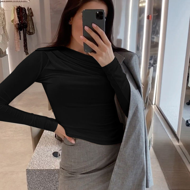 Slim Fit Long Sleeve Top with Asymmetric Ruched Neckline