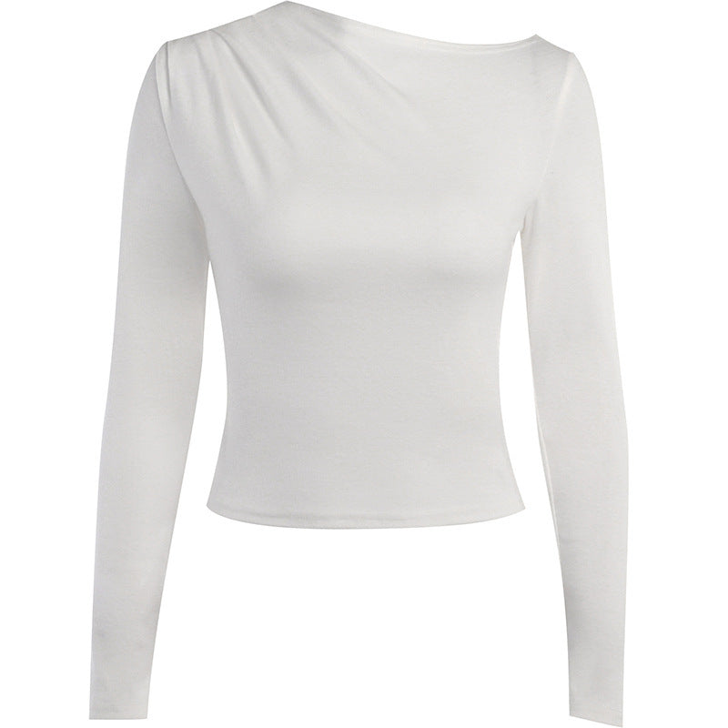 Slim Fit Long Sleeve Top with Asymmetric Ruched Neckline