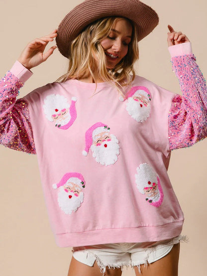 Loose Fit Santa Patch Pullover with Sequin Sleeves