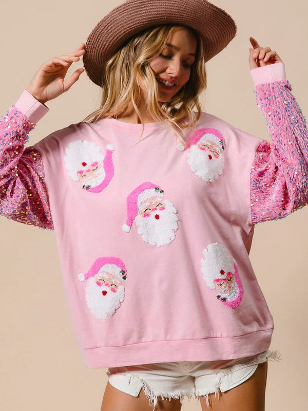 Loose Fit Santa Patch Pullover with Sequin Sleeves