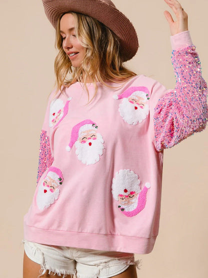 Loose Fit Santa Patch Pullover with Sequin Sleeves