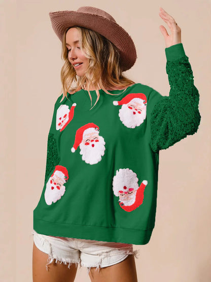 Loose Fit Santa Patch Pullover with Sequin Sleeves