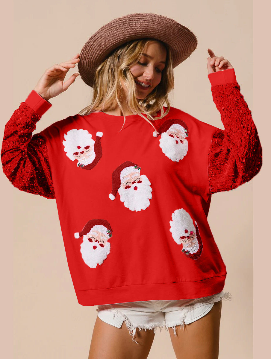 Loose Fit Santa Patch Pullover with Sequin Sleeves