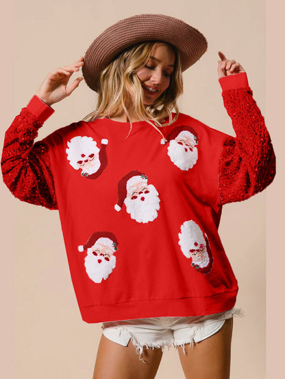 Loose Fit Santa Patch Pullover with Sequin Sleeves