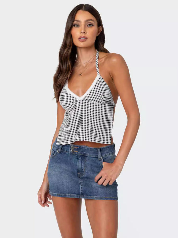 Gingham Backless Halter Top with Lace Trim Detail