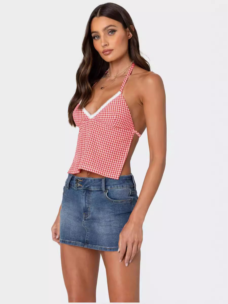 Gingham Backless Halter Top with Lace Trim Detail