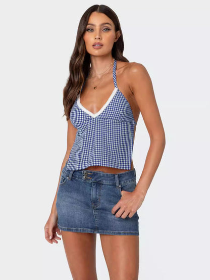 Gingham Backless Halter Top with Lace Trim Detail