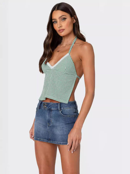 Gingham Backless Halter Top with Lace Trim Detail