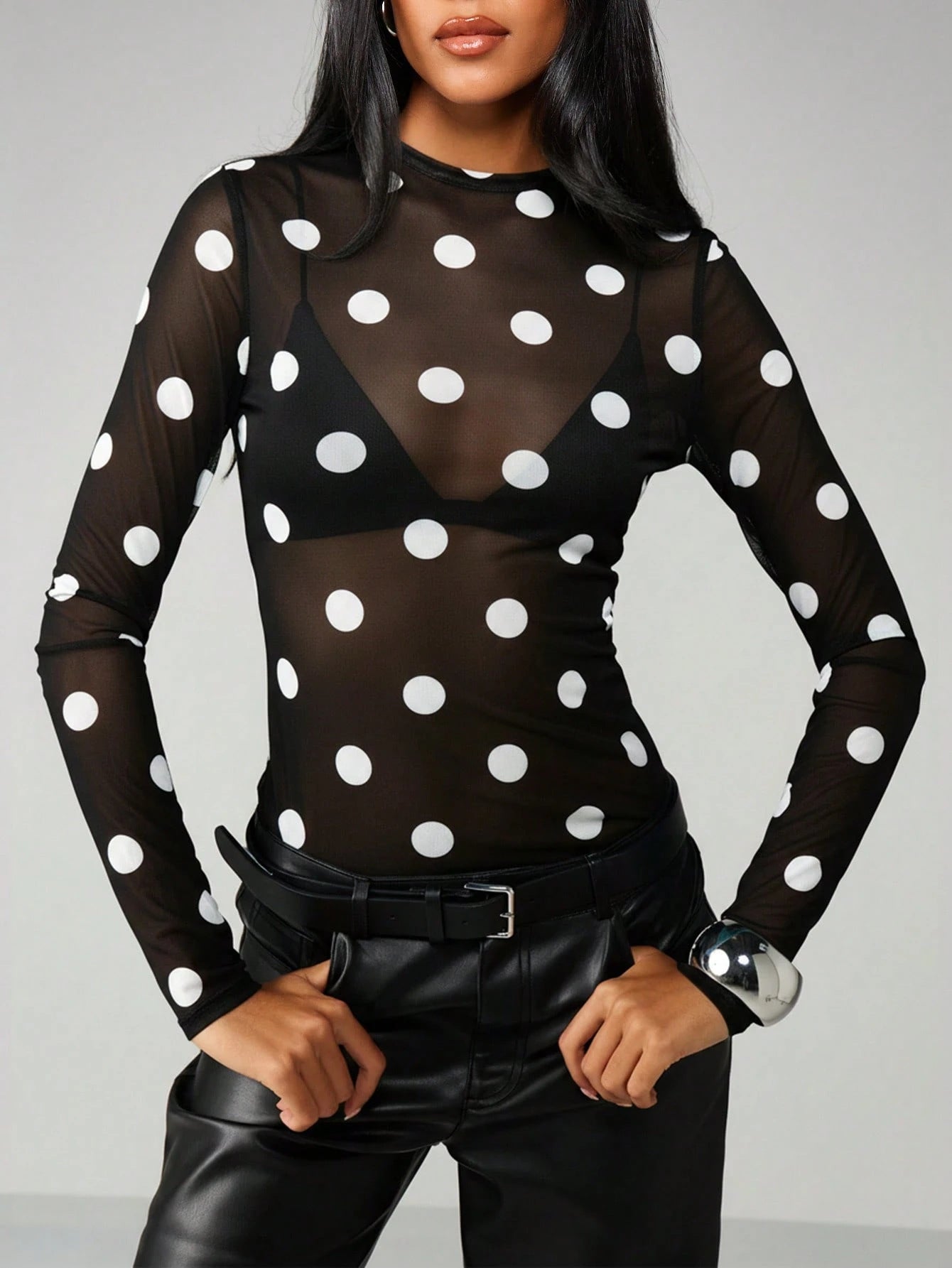 Slim Fit Long Sleeve Mesh Top with Polka Dot Print