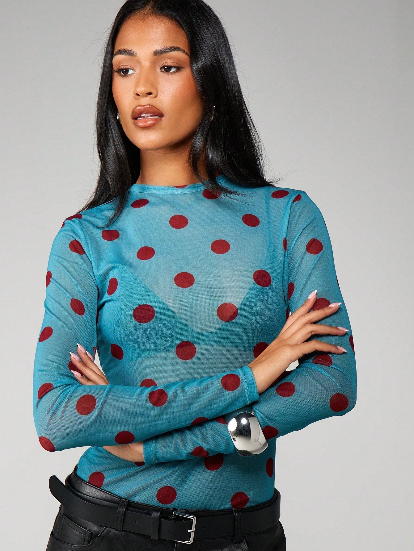 Slim Fit Long Sleeve Mesh Top with Polka Dot Print