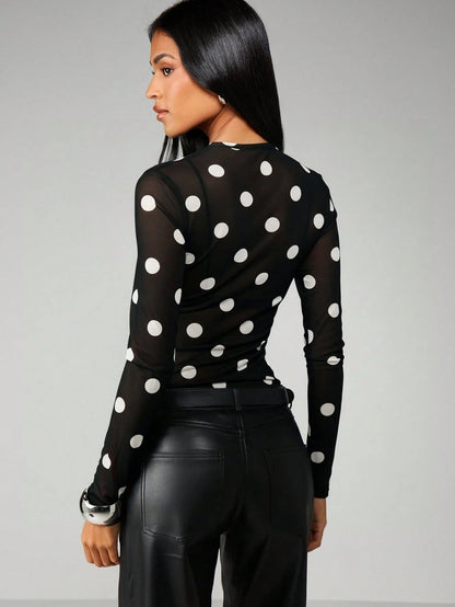 Slim Fit Long Sleeve Mesh Top with Polka Dot Print