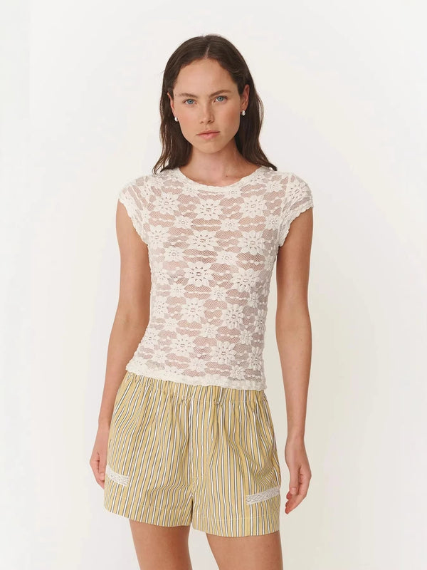 Fitted Floral Lace Top with Crew Neck and Short Sleeves