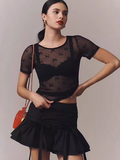 Sheer Bow-Pattern Mesh Top with Crew Neck and Short Sleeves