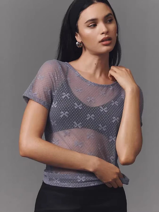 Sheer Bow-Pattern Mesh Top with Crew Neck and Short Sleeves