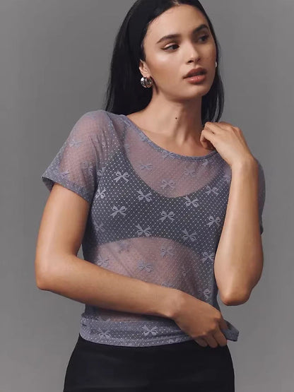 Sheer Bow-Pattern Mesh Top with Crew Neck and Short Sleeves