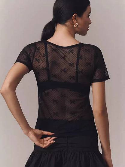 Sheer Bow-Pattern Mesh Top with Crew Neck and Short Sleeves