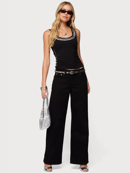 Slim Fit Scoop Neck Tank Top with Metal Rivet Trim