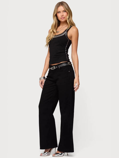 Slim Fit Scoop Neck Tank Top with Metal Rivet Trim