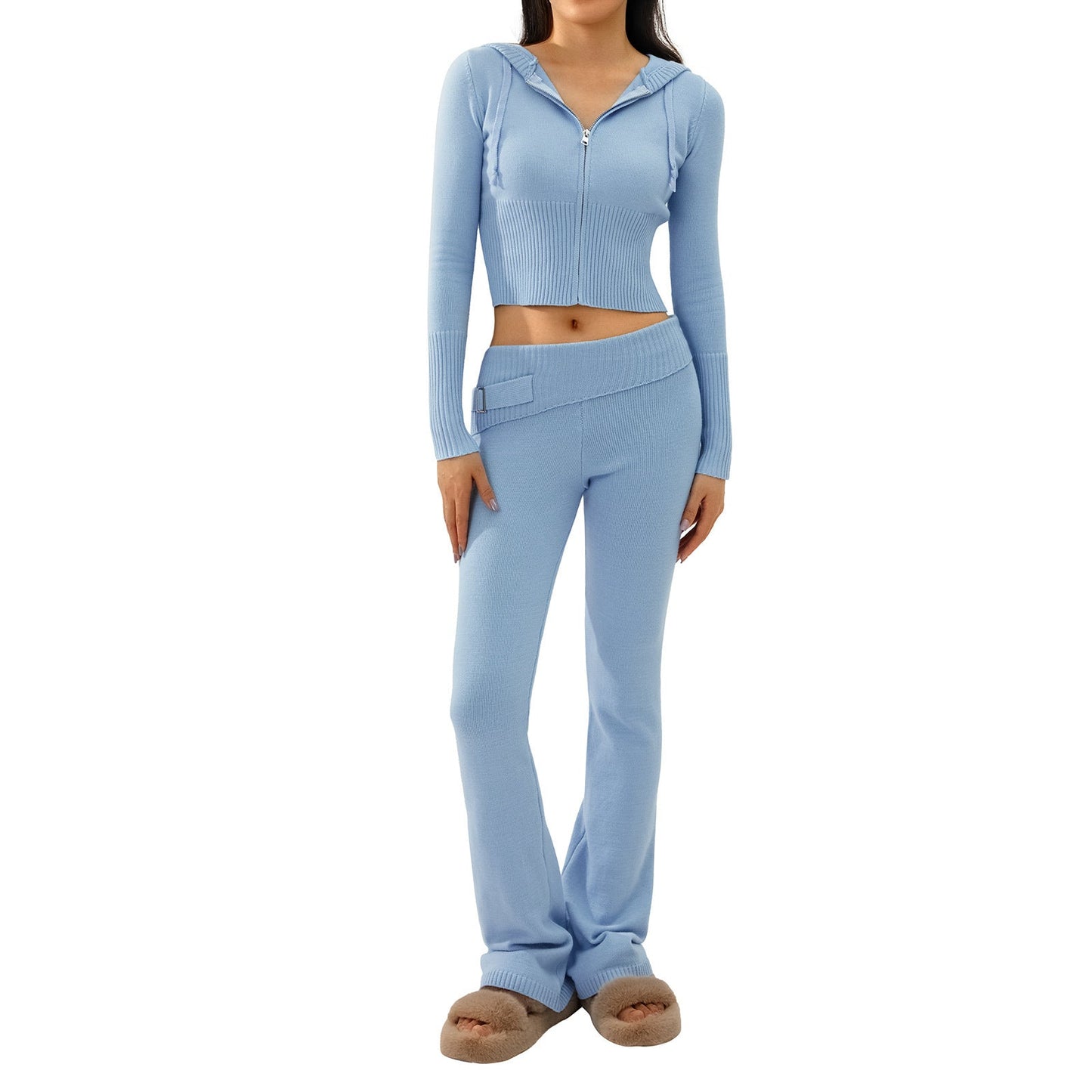 Ribbed Knit Two-Piece Set with Cropped Zip Hoodie and Flare Pants