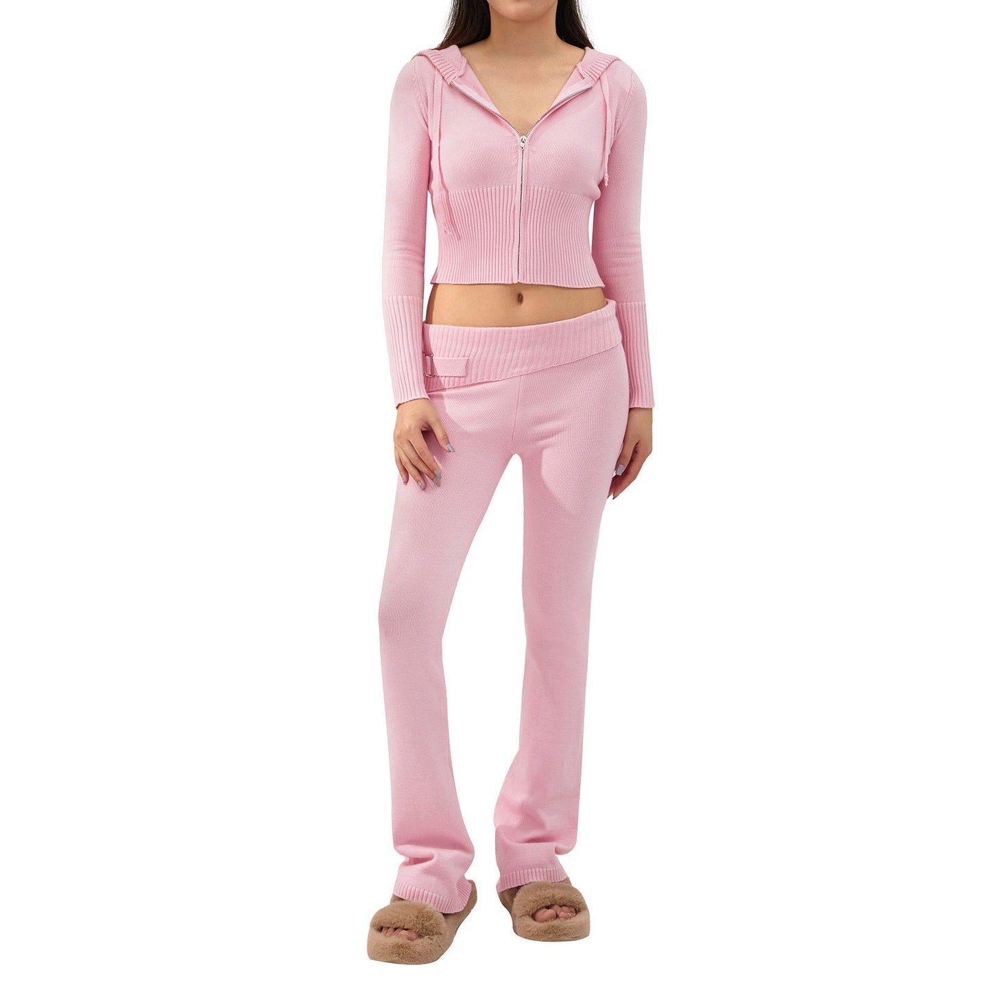 Ribbed Knit Two-Piece Set with Cropped Zip Hoodie and Flare Pants