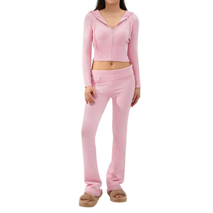 Ribbed Knit Two-Piece Set with Cropped Zip Hoodie and Flare Pants