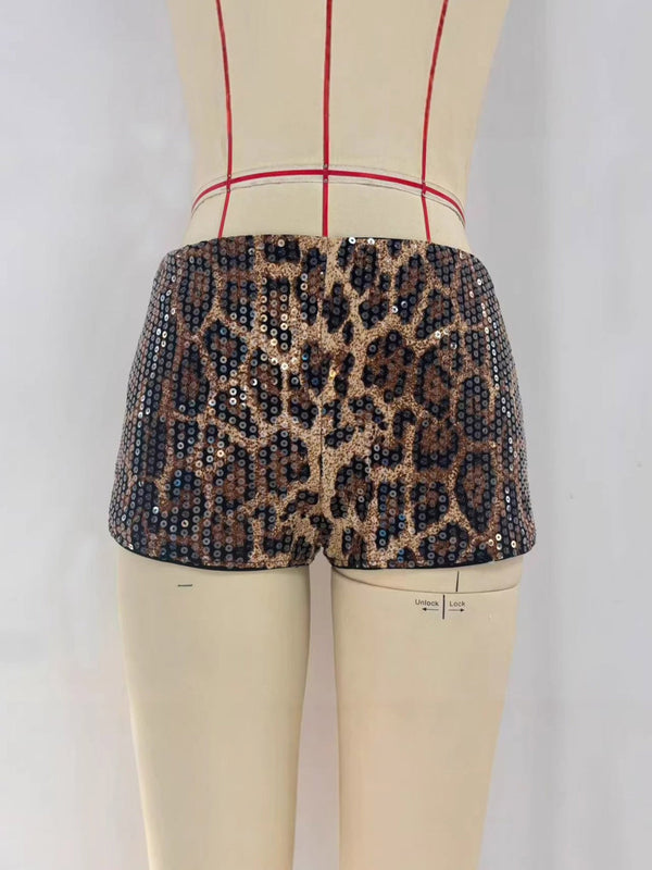 Leopard Print Sequined Hot Pants with Low-Rise Waist