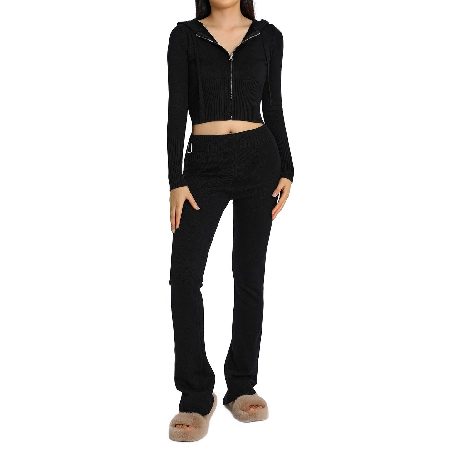 Ribbed Knit Two-Piece Set with Cropped Zip Hoodie and Flare Pants