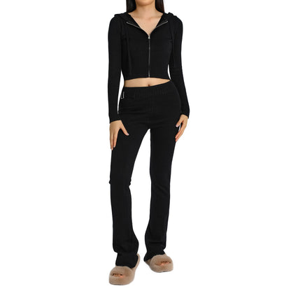 Ribbed Knit Two-Piece Set with Cropped Zip Hoodie and Flare Pants