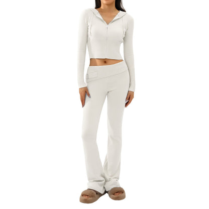 Ribbed Knit Two-Piece Set with Cropped Zip Hoodie and Flare Pants