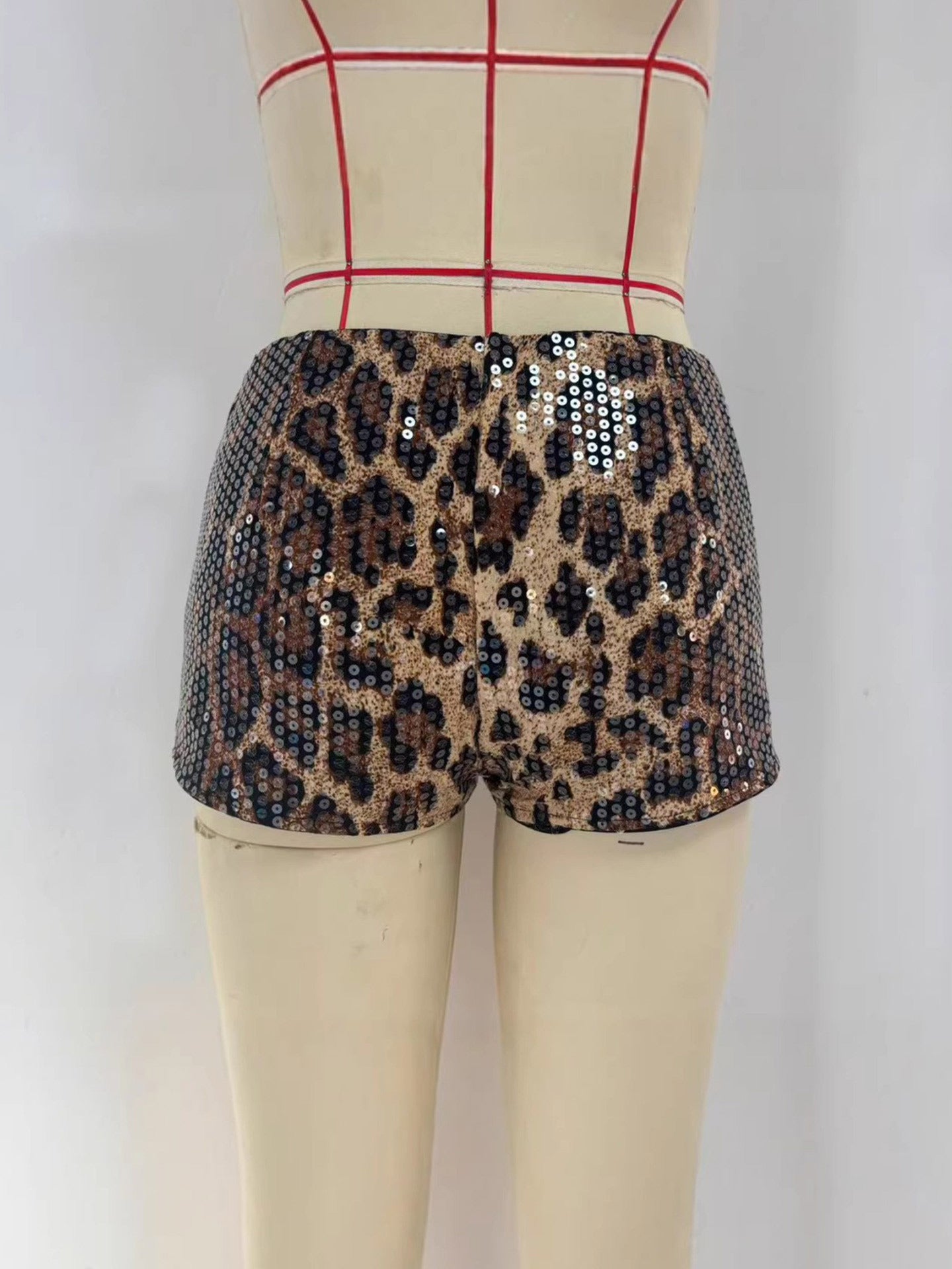 Leopard Print Sequined Hot Pants with Low-Rise Waist