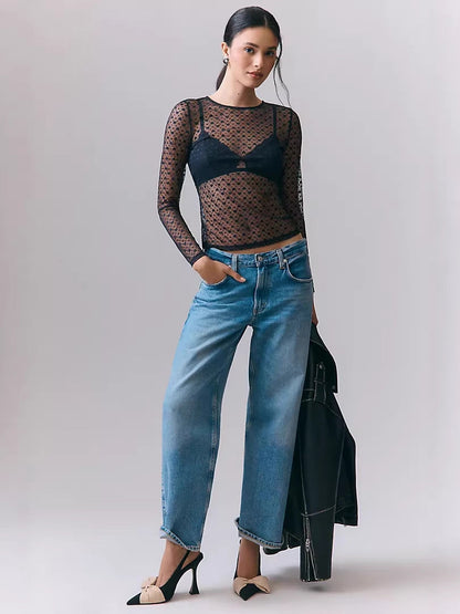 Heart Print Sheer Mesh Top with Crew Neck and Long Sleeves