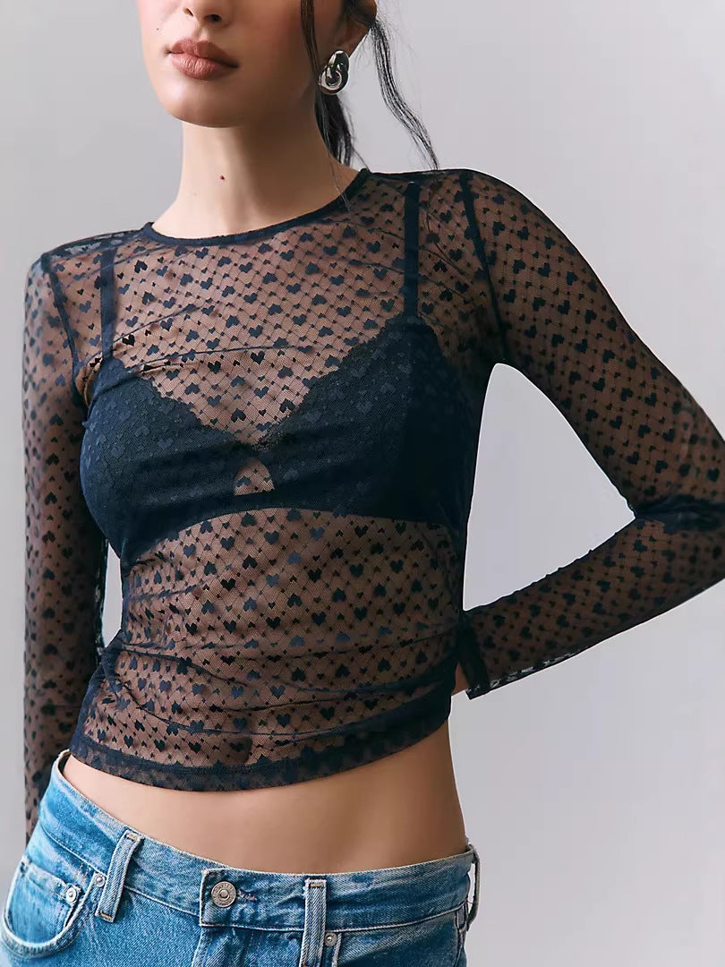 Heart Print Sheer Mesh Top with Crew Neck and Long Sleeves