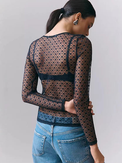 Heart Print Sheer Mesh Top with Crew Neck and Long Sleeves