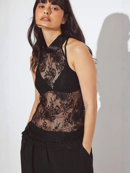 Slim Fit Lace Halter Top with High Neck and Backless Detail