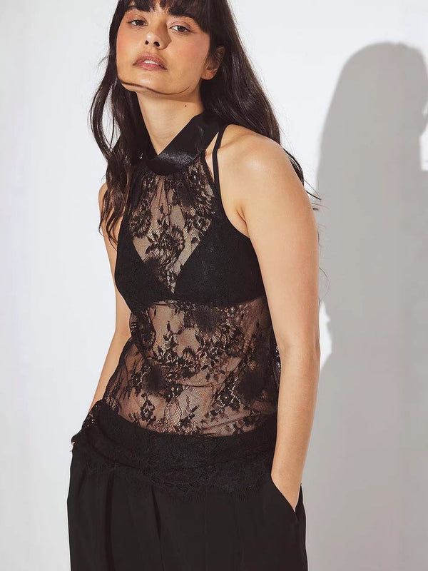 Slim Fit Lace Halter Top with High Neck and Backless Detail
