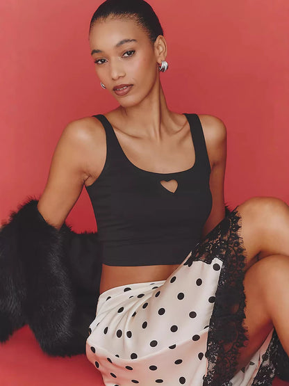 Slim Fit Cropped Tank Top with Heart Cut-Out Detail