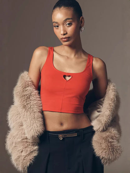 Slim Fit Cropped Tank Top with Heart Cut-Out Detail