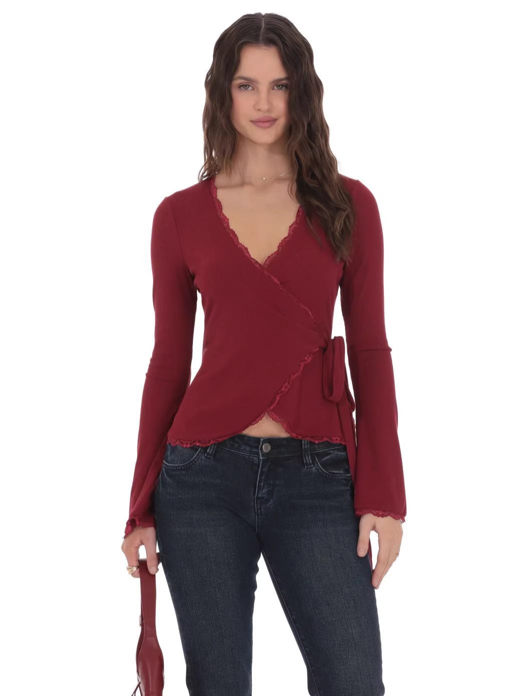 Slim Fit Wrap Top with Lace Trim and Bell Sleeves