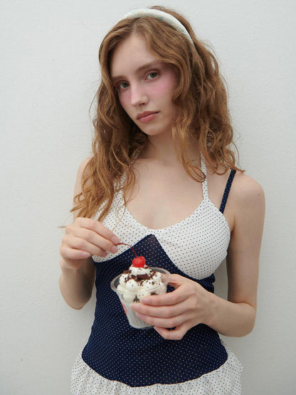 Slim Fit Polka Dot Halter Top with Contrast Ruffle Hem