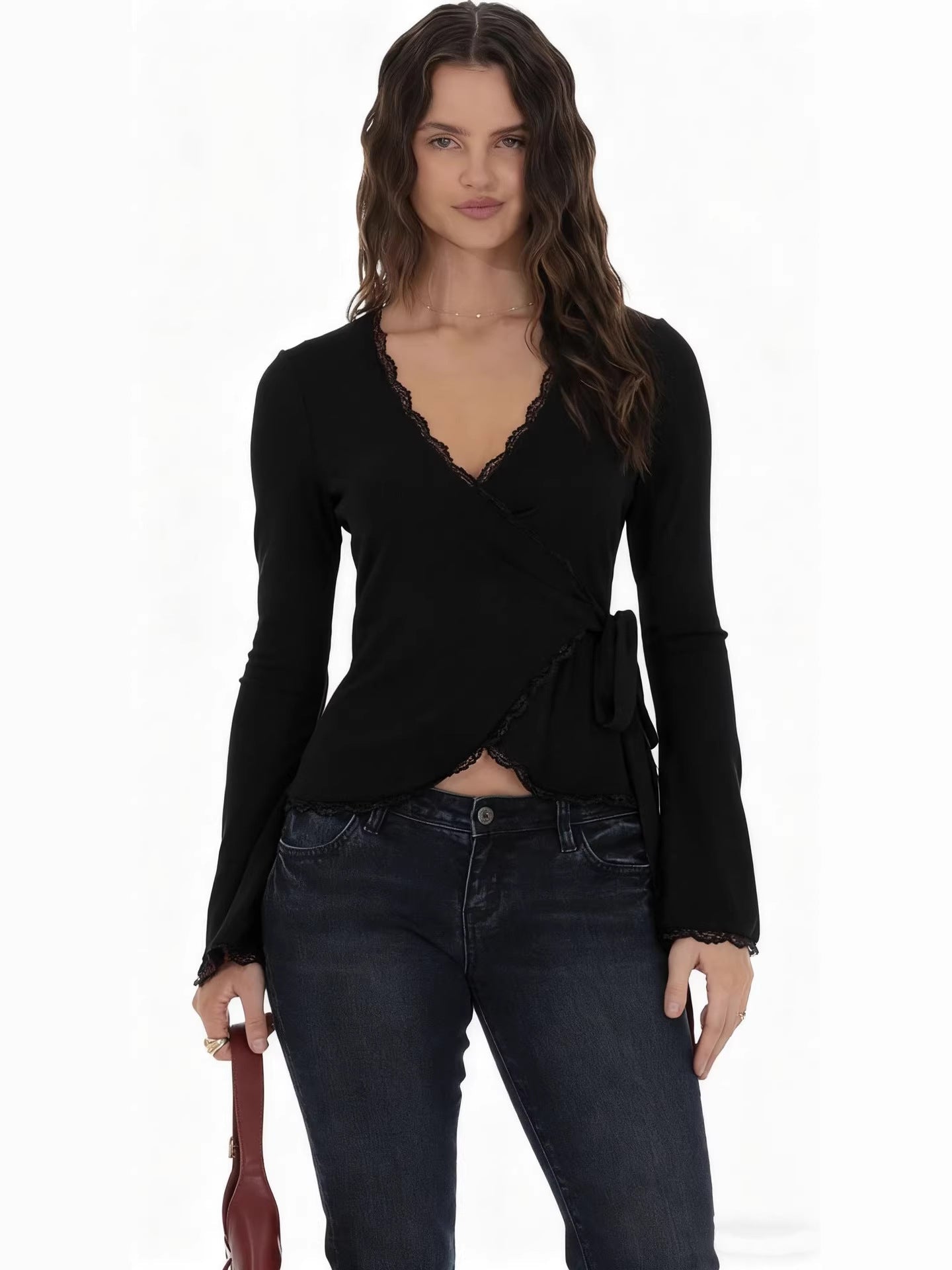 Slim Fit Wrap Top with Lace Trim and Bell Sleeves