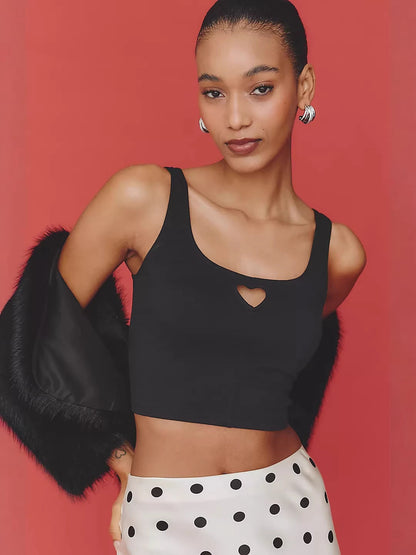 Slim Fit Cropped Tank Top with Heart Cut-Out Detail