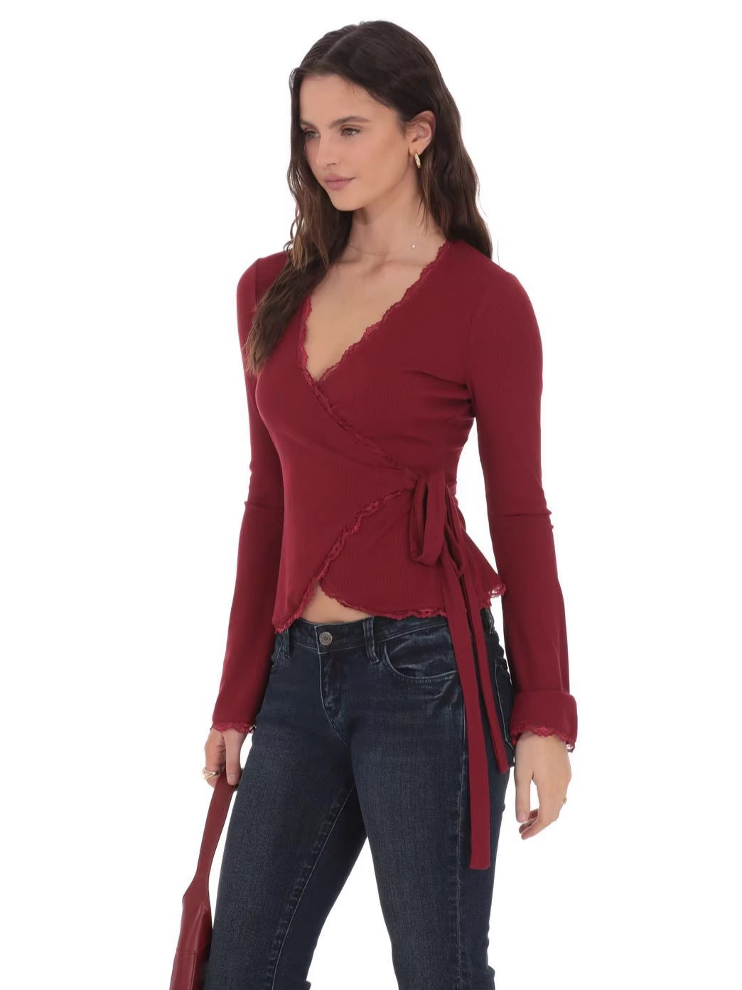 Slim Fit Wrap Top with Lace Trim and Bell Sleeves