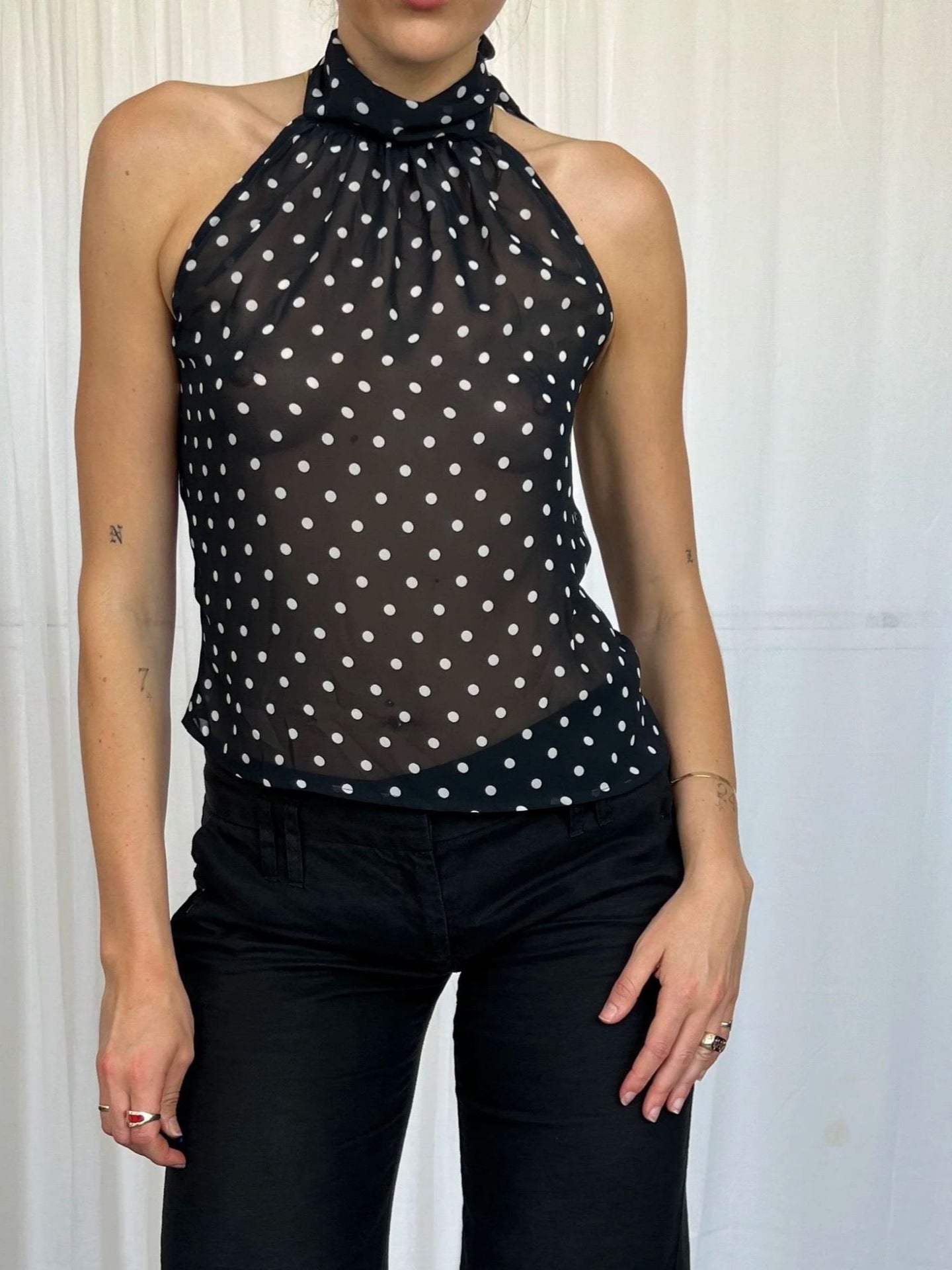 Slim Fit Polka Dot Halter Top with Sheer Finish
