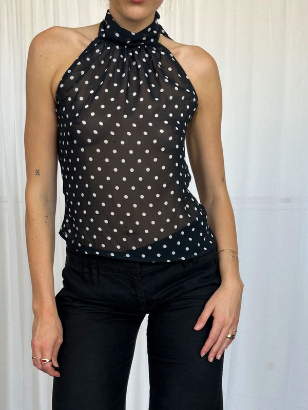 Slim Fit Polka Dot Halter Top with Sheer Finish